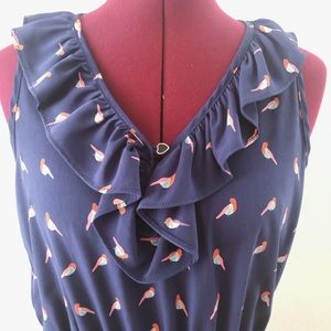 Ophelia blue- violet ruffle v-neckline bird dress.